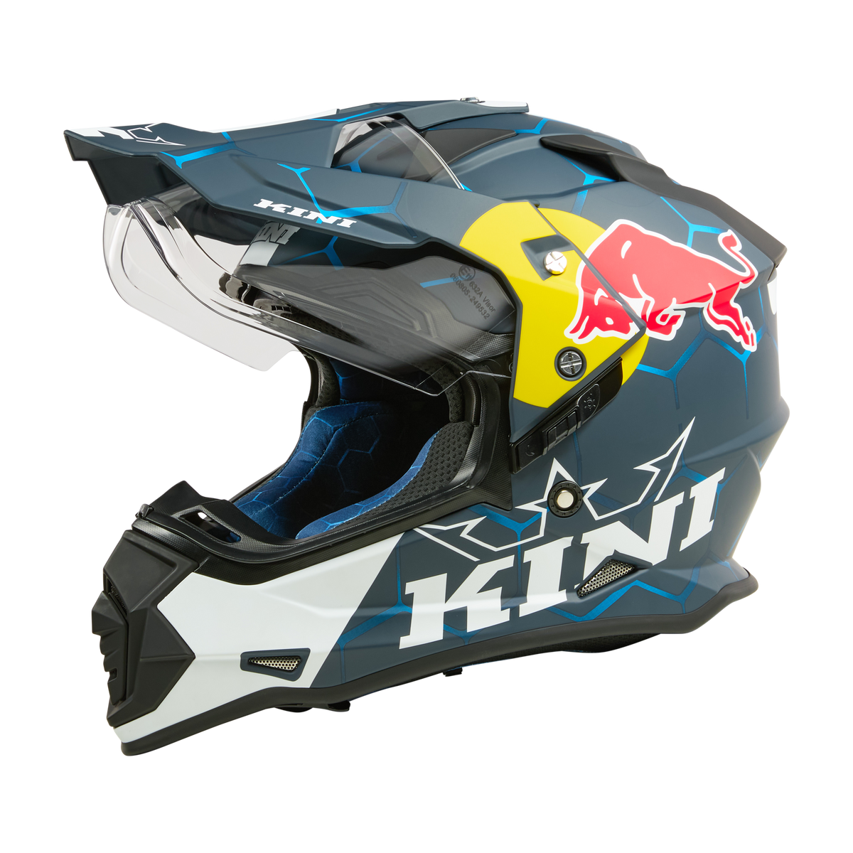 Der KINI RED BULL ADV Helm 1.0 von Kini Red Bull hat ein blaues, weißes und gelbes Design mit einem auffälligen Red Bull-Logo, "KIWI" an der Seite, Bluetooth-Vorbereitung, klarem Visier und scharfen aerodynamischen Linien.