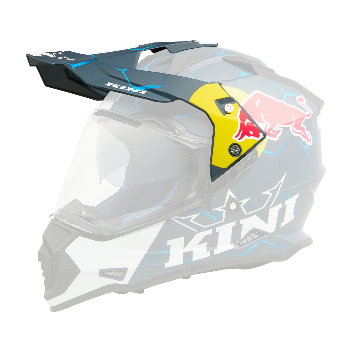 Der KINI RED BULL ADV Visor 1.0 von Kini Red Bull ist ein blau-schwarzer Motorradhelm mit klarem Visier, geometrischem und sternförmigem Design sowie dem Red Bull-Logo und dem Schriftzug KINI" an der Seite.