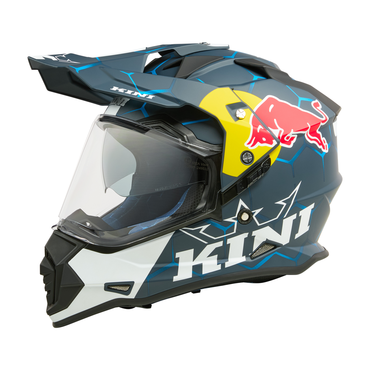 Der KINI RED BULL ADV Helm 1.0 von Kini Red Bull zeichnet sich durch blaue und schwarze Farben, ein durchsichtiges Visier, Bluetooth-Vorbereitung, Red Bull-Logo, "KINI"-Branding, weiße geometrische Muster und einen gelben Akzent in der Nähe der Oberseite für einen auffälligen Look aus.