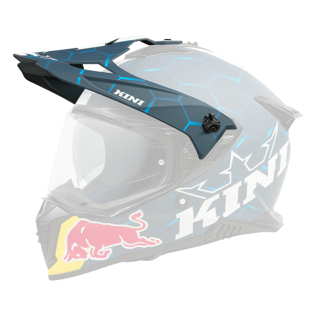 Der KINI RED BULL ADV X Visor 2.0 Helm von Kini Red Bull zeichnet sich durch ein blau-schwarzes, sechseckiges Design, ein durchsichtiges Visier und ein Red Bull-Logo auf dem Kinnschutz aus, das vor einem schwarzen Hintergrund präsentiert wird.