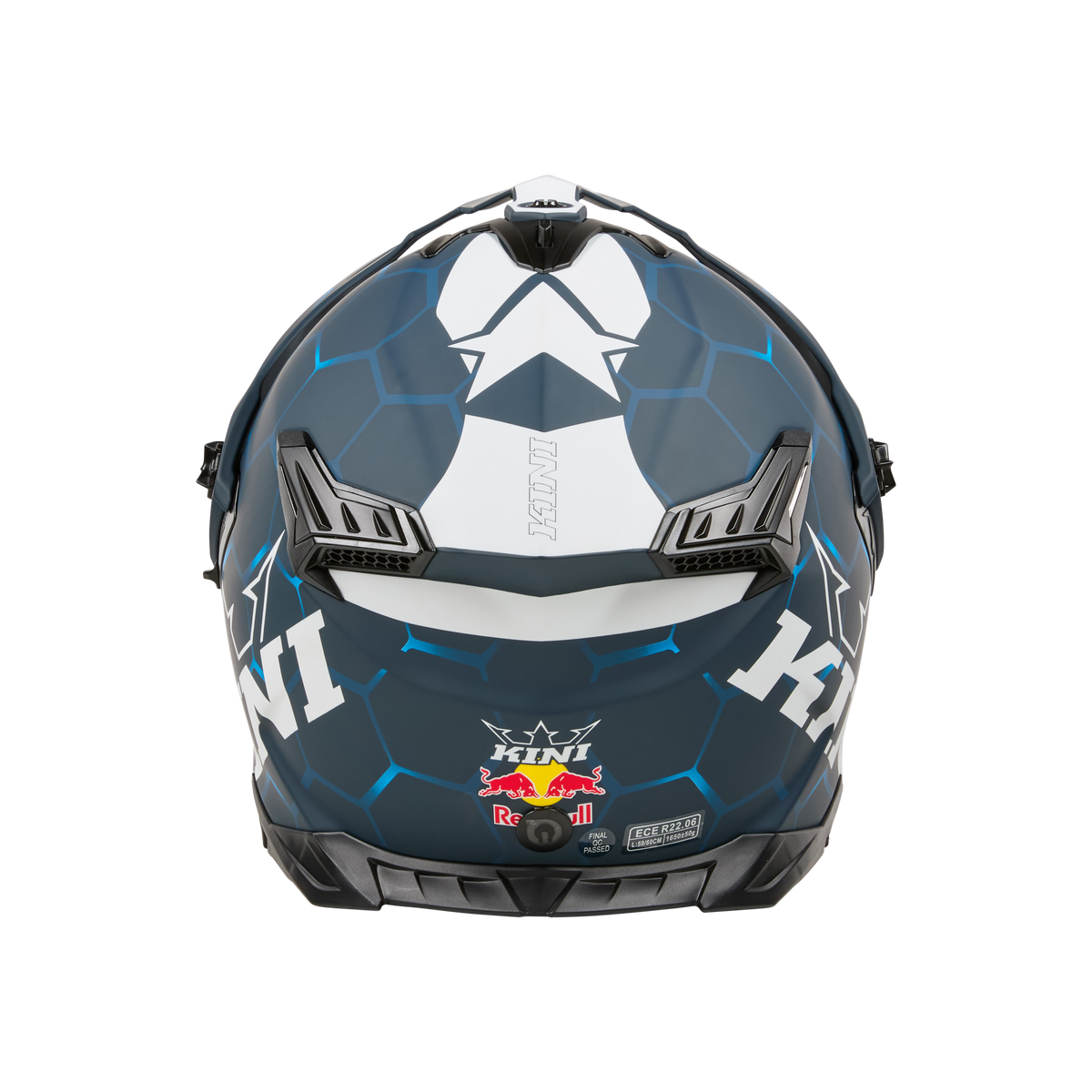 Frontansicht des Kini Red Bull ADV X Helm 2.0, ein dunkelblauer Fiberglashelm mit sechseckigen Mustern, einem weißen Stern auf der Oberseite, Red Bull-Branding im unteren Bereich und auffälligen Belüftungsöffnungen.