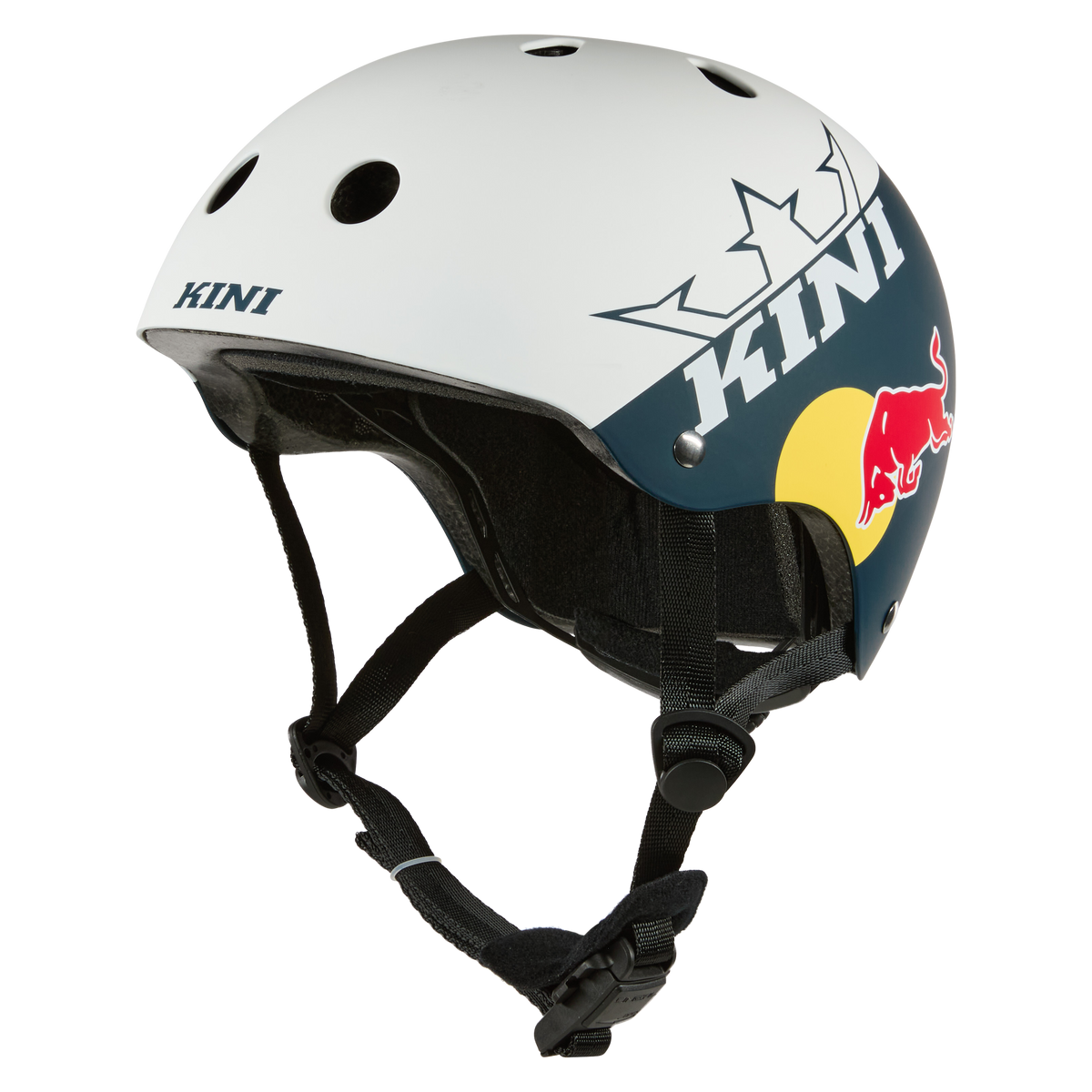 Der KINI RED BULL BB Helm Kinder 1.0 von Kini Red Bull hat ein weißes und dunkelblaues Design, Belüftungslöcher, verstellbare Riemen, einen Fidlock-Magnetverschluss, BMX-Style und KINI/Red Bull-Logos - perfekt zum Radfahren oder Skateboarden.