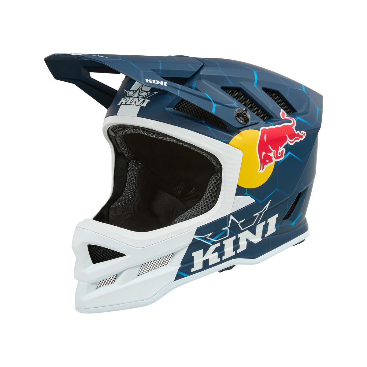 Der KINI RED BULL DHC Helm 1.0 von Kini Red Bull ist ein blau-weißer Integralhelm mit Visier, geometrischem Design, seitlichem Red Bull-Logo, Belüftungsöffnungen und Kini-Branding - geschaffen für beste Downhill-Performance.