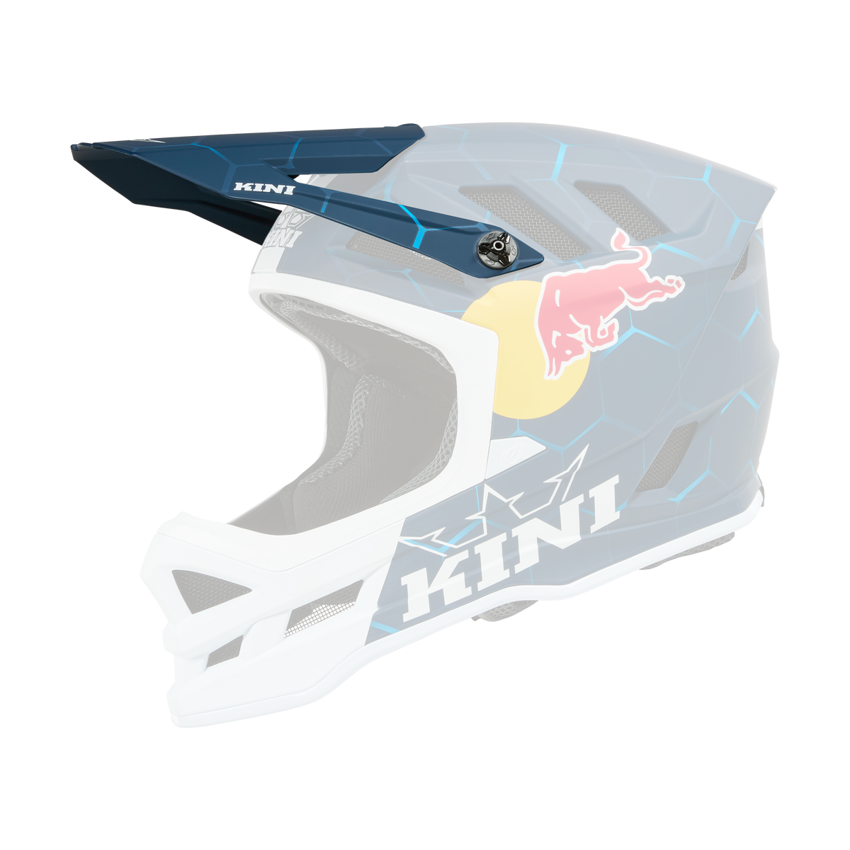 Der KINI RED BULL DHC Visor 1.0 ist ein blau-weißer Fullface-Motocross-Helm mit Wabenmuster, Kini Red Bull-Branding, Visier und Lüftungsöffnungen.