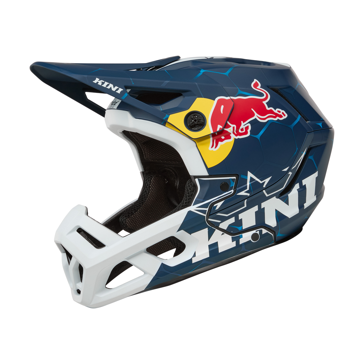 Der KINI RED BULL EC Helm 1.0 von Kini Red Bull ist ein blau-weißer Integralhelm mit dem Red Bull-Logo und dem auffälligen "KINI"-Branding, inspiriert vom EC-Design.