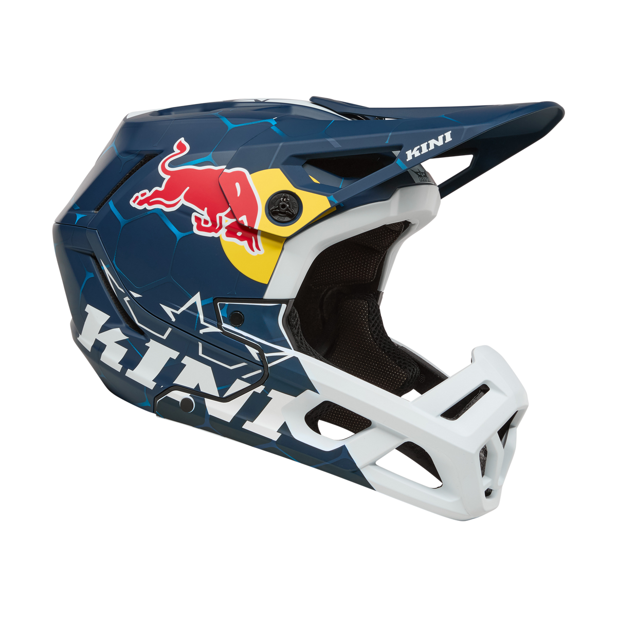 Der KINI RED BULL EC Helm 1.0 von Kini Red Bull besticht durch blaue und weiße Farben, ein rotes Bullenlogo, geometrische Muster, ein Visier und einen auffälligen "KINI"-Schriftzug und bietet Motocross-Fahrern sowohl einen auffälligen Stil als auch erstklassigen Schutz.