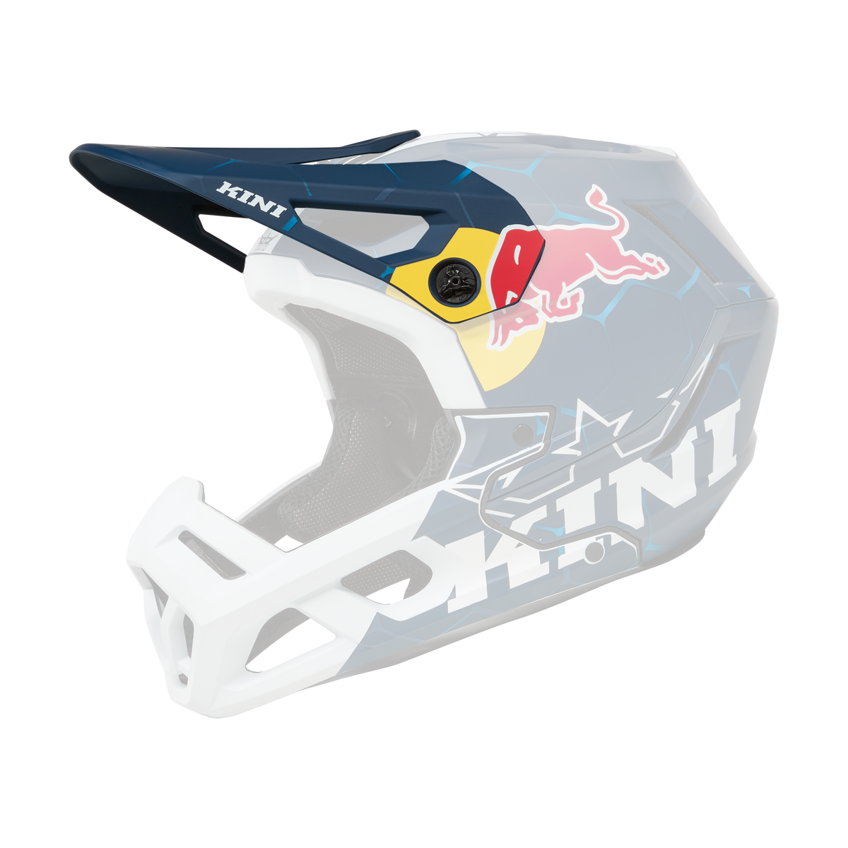 Der KINI RED BULL EC Visor 1.0 von Kini Red Bull ist ein blau-weißer Vollvisier-Motocross-Helm mit geometrischen Mustern, einem gelben Kreis und einer roten Bullengrafik an der Seite sowie prominenten Logos von KINI und Red Bull.