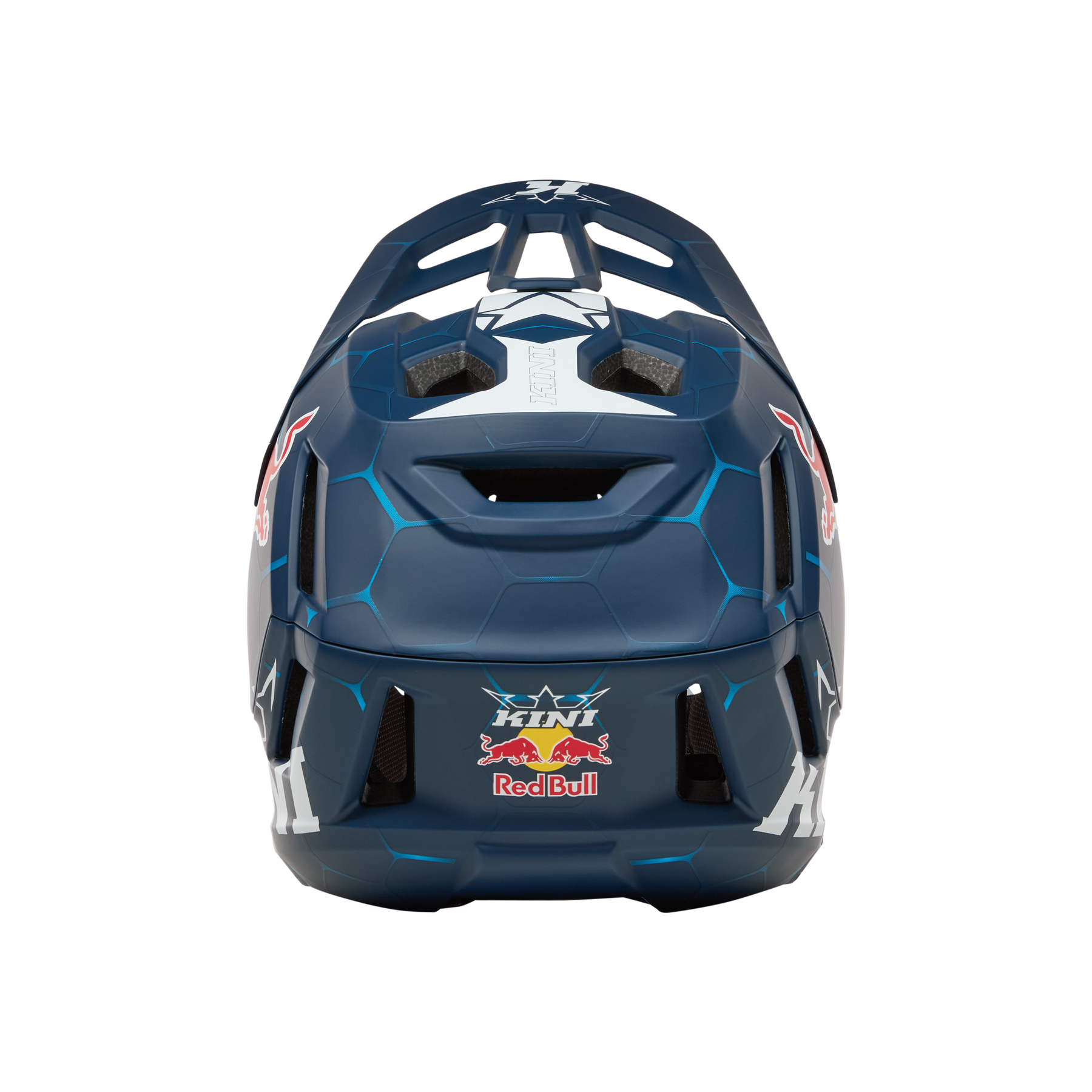 Die Rückansicht des KINI RED BULL EC Helm 1.0 von Kini Red Bull in Dunkelblau mit Red Bull- und HNT-Aufklebern zeigt sechseckige Muster und Lüftungslöcher auf der Oberseite und an den Seiten.