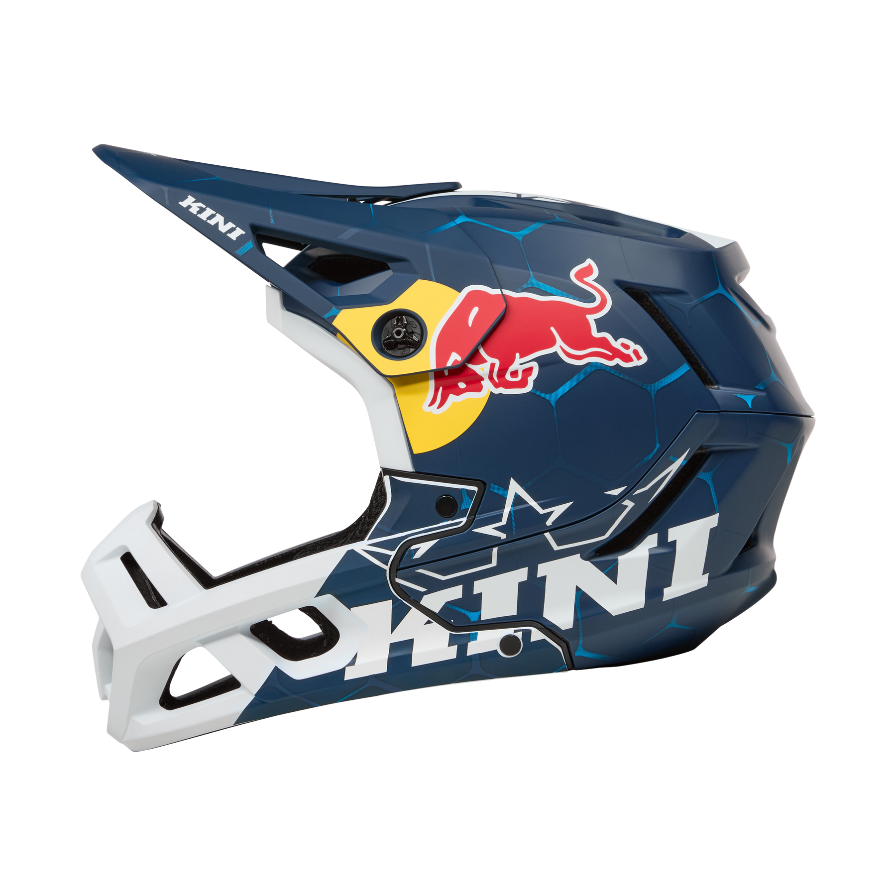Der KINI RED BULL EC Helm 1.0 von Kini Red Bull besticht durch sein blau-weißes Design, das auffällige Red Bull-Logo, die wabenförmigen Akzente sowie den sichtbaren Kinnschutz, das Visier und die Belüftungsöffnungen für einen markanten Full-Face-Look.