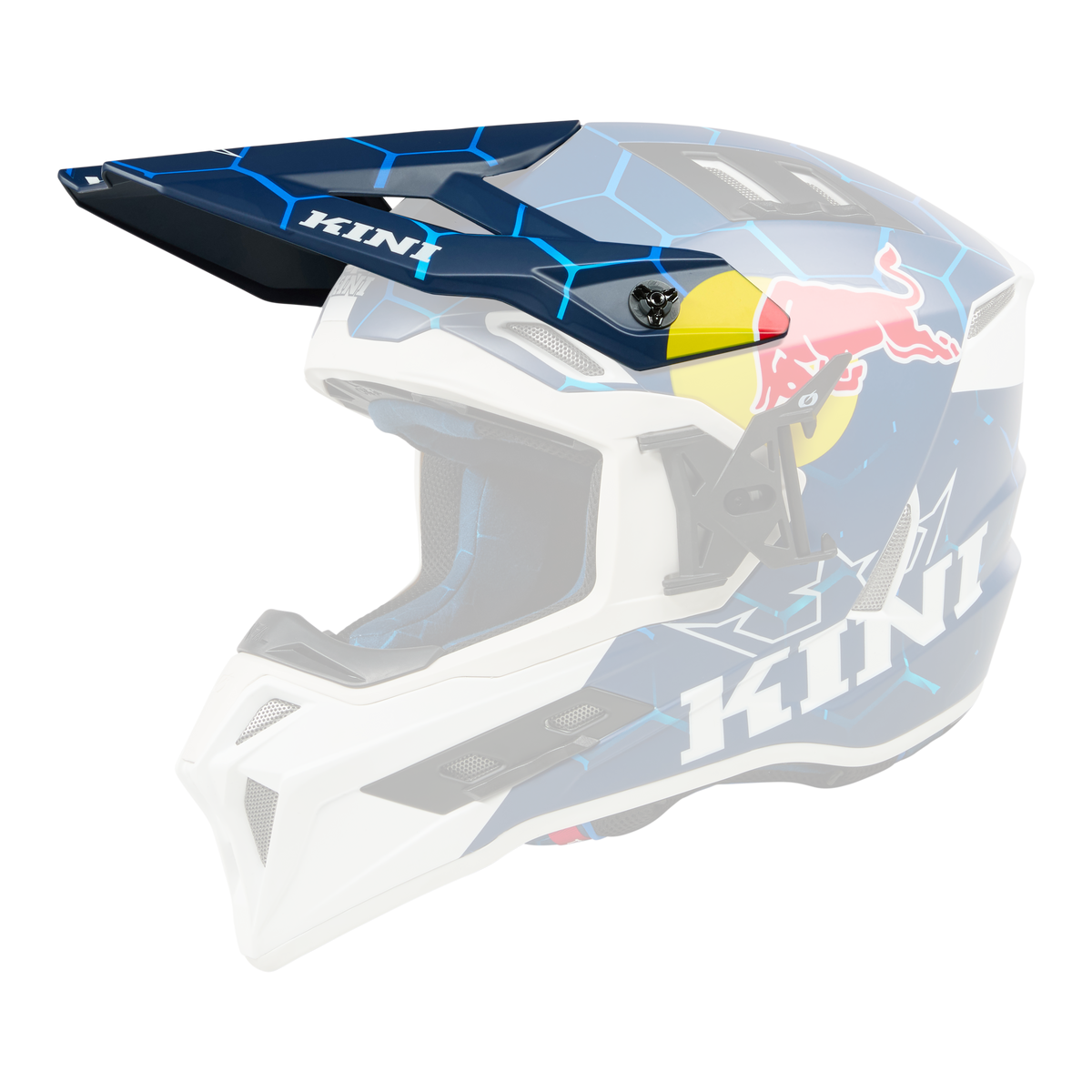 Der KINI RED BULL EXC Visor 1.0 von Kini Red Bull ist ein blau-weißer Motocross-Helm mit sechseckigen Mustern, einem Visier, einem Kinnschutz und dem Red Bull-Logo sowie "KINI" an der Seite.