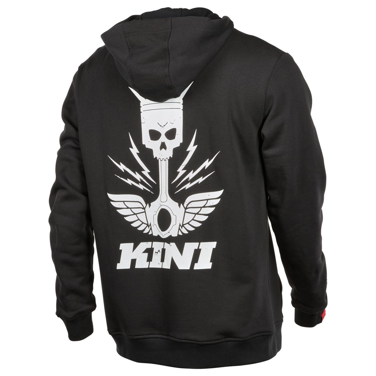 Der KINI KP Hoodie 2.0 von Kini Red Bull ist ein schwarzer Kapuzenpulli mit Kapuze, der ein auffälliges weißes "KINI"-Logo und eine von Wings For Life inspirierte Grafik mit Totenkopf, Kolben, Blitz und Flügeln auf dem Rücken aufweist.