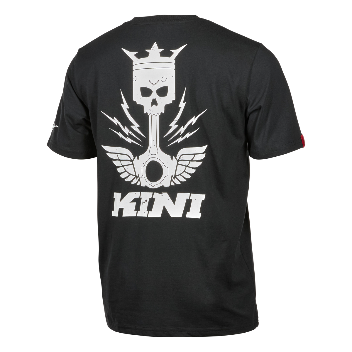 Das KINI KP T-Shirt 1.0 von Kini Red Bull zeigt einen Wasserbasisdruck eines gekrönten Totenkopfes, Blitze und einen geflügelten Kolben mit dem fetten Text "KINI". Die Rückseite zeigt ein einzigartiges Wings For Life Print Detail.