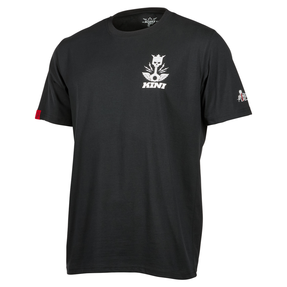 Das KINI KP T-Shirt 1.0 von Kini Red Bull ist ein schwarzes, kurzärmeliges T-Shirt mit Rundhalsausschnitt, weißer Wasserbasis-Grafik und "KINI" auf der linken Brust sowie kleinen Logos auf dem linken Ärmel.
