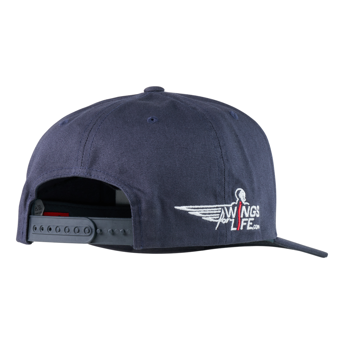 Die marineblaue KINI RED BULL LI Cap 3.0 von Kini Red Bull zeigt sich von hinten mit einem aufgestickten "Wings for Life"-Logo und stilisierten Flügeln an der Seite sowie einem verstellbaren Riemen und Belüftungsöffnungen.