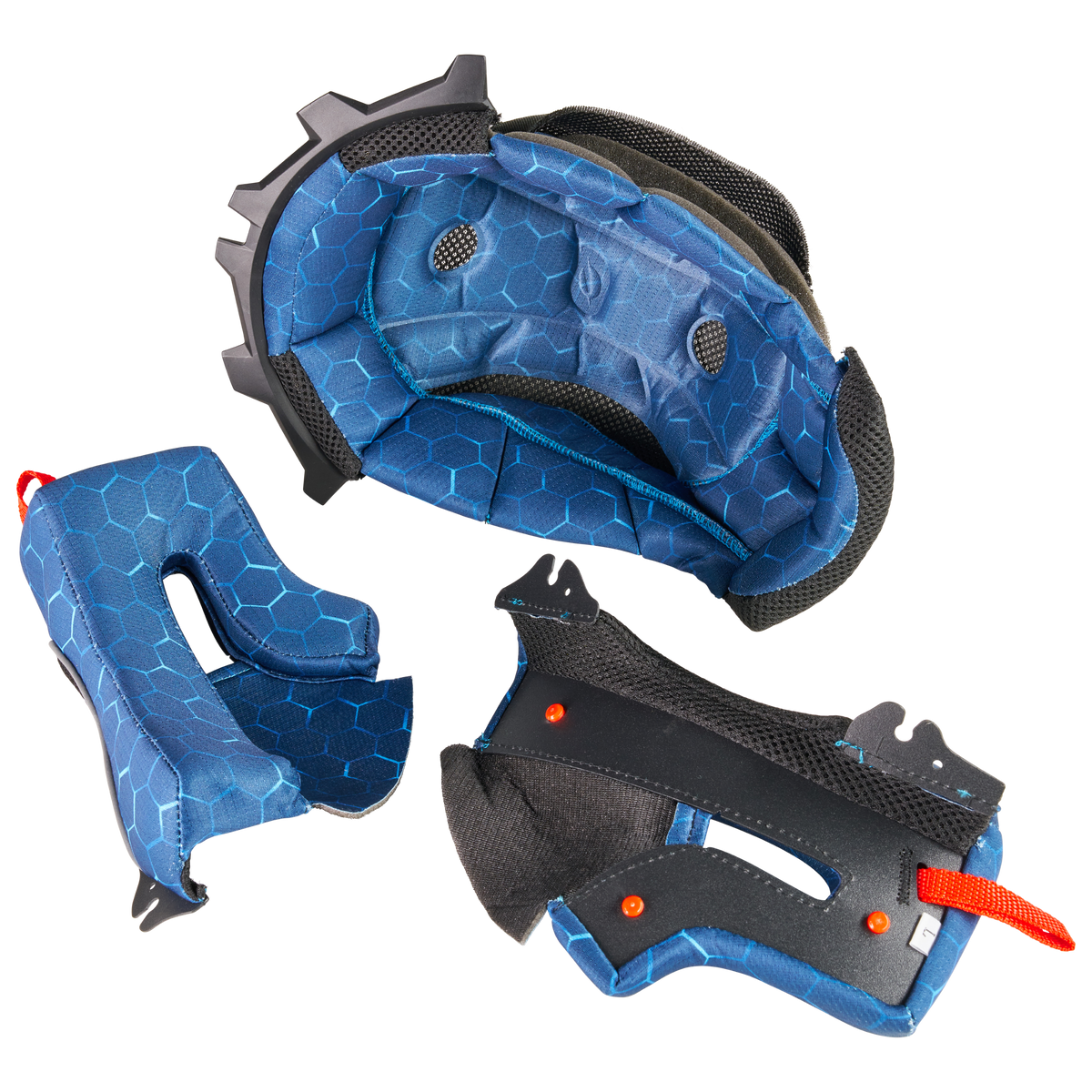 Der Kini Red Bull MX3 Liner & Cheek Pads von Kini Red Bull besteht aus drei herausnehmbaren, blauen Pads mit Hex-Muster, schwarzem Netz und orangefarbenen Verschlüssen auf weißem Hintergrund.