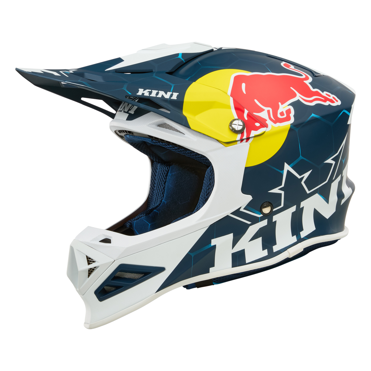 Der Kini Red Bull MXC1 Helm 1.0 ist ein dunkelblau-weißer Motocross-Helm mit Red Bull-Logo, "KINI" an der Seite, geometrischem Muster, markantem Visier und strapazierfähiger Fiberglas-Außenschale, dargestellt auf schwarzem Hintergrund.