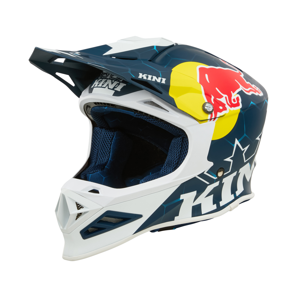Der Kini Red Bull MXC1 Helm 1.0 ist ein Fullface-Motocross-Helm in Blau, Weiß und Gelb mit Red Bull- und KINI-Logos. Er verfügt über ein Visier, eine umfangreiche Innenpolsterung und eine robuste Fiberglas-Außenschale.