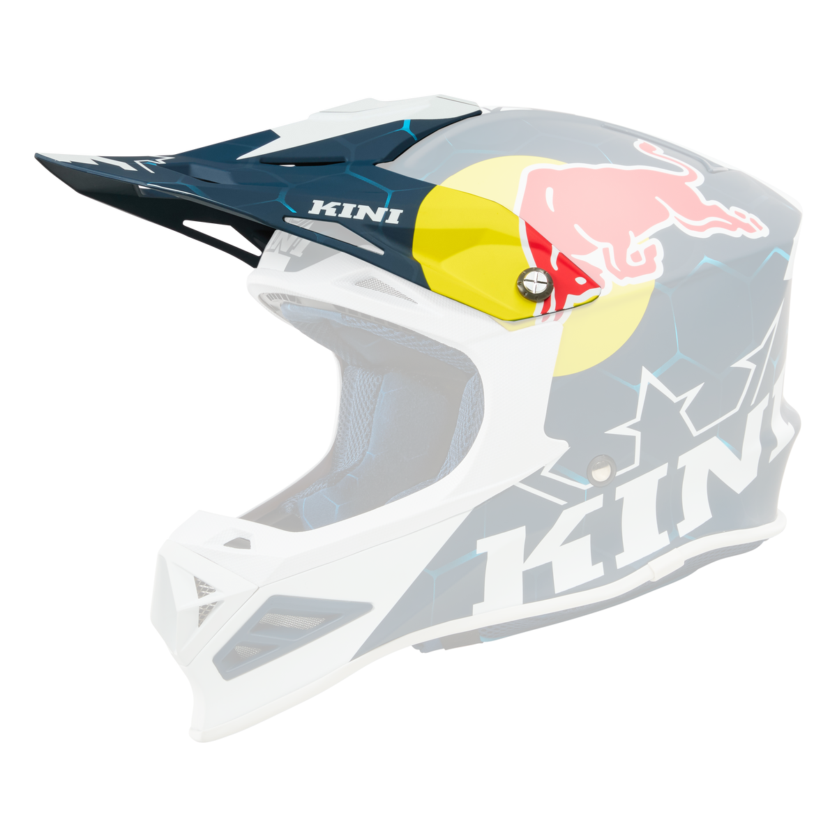 Der KINI RED BULL MXC1 Visor 1.0 von Kini Red Bull ist ein blau-weißer Motocross-Helm mit dem Red Bull-Logo, "KINI" an der Seite, einem geometrischen Sechseckmuster und einem gelben Kreis um die Red Bull-Grafik.