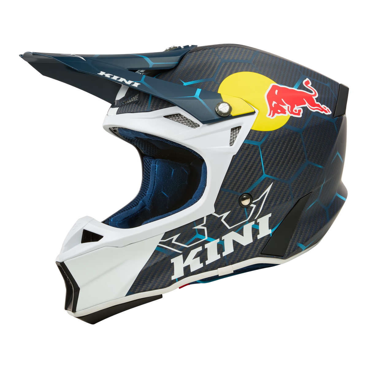 Ein schwarz-blauer Kini Red Bull MXC2 Helm 2.0 mit weißem Kinnschutz, Wabenmuster, extraleichter Kohlefaserkonstruktion, doppeltem D-Ring-Verschluss, Visier auf der Oberseite und Red Bull-Branding.