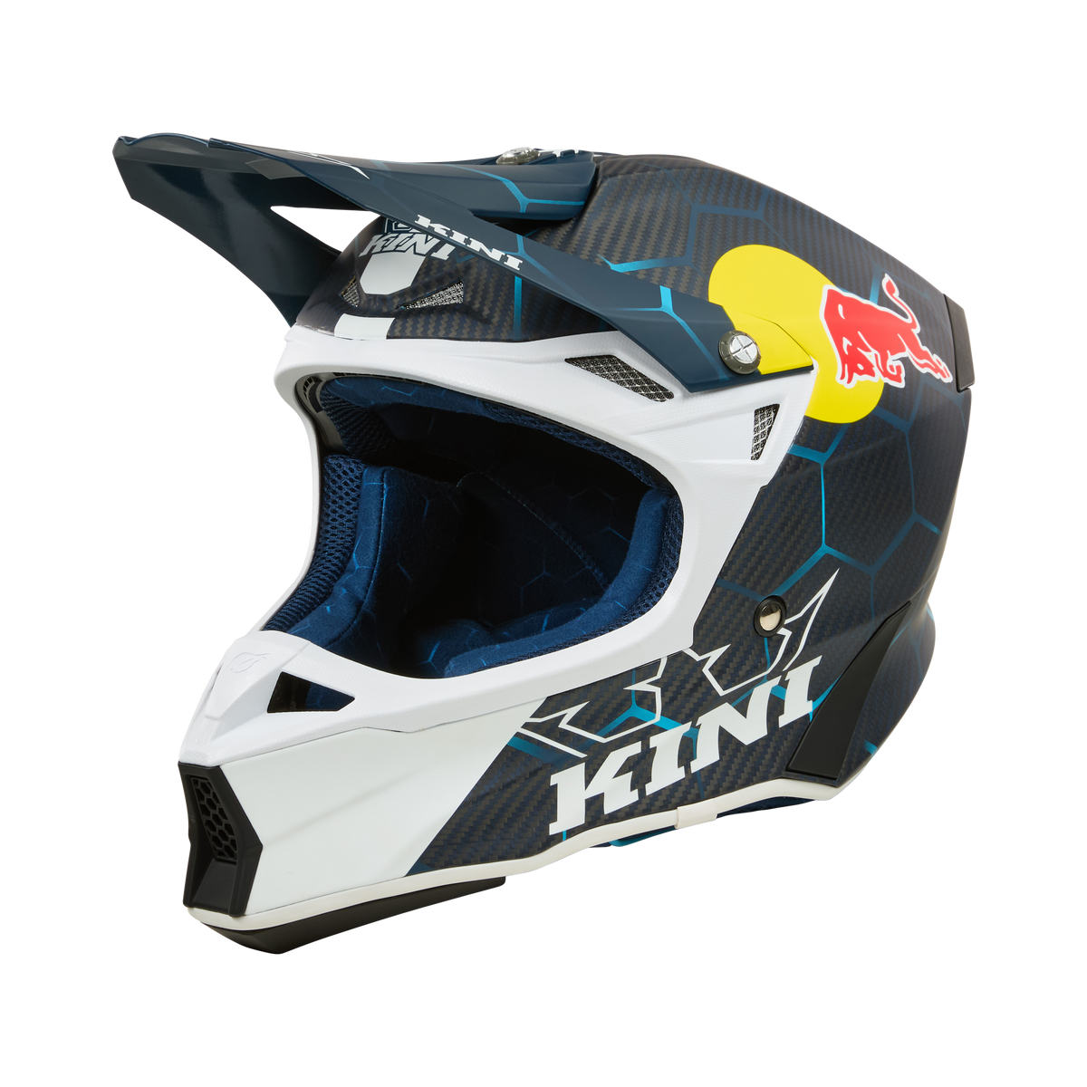 Der KINI RED BULL MXC2 Helm 2.0 von Kini Red Bull zeichnet sich durch ein schwarz-blau-weißes Design mit "KINI"-Schriftzug, ein auffälliges Red Bull-Logo, ein Visier, extraleichte Kohlefaser und einen Doppel-D-Ring-Verschluss aus. Abgebildet auf schwarzem Hintergrund.