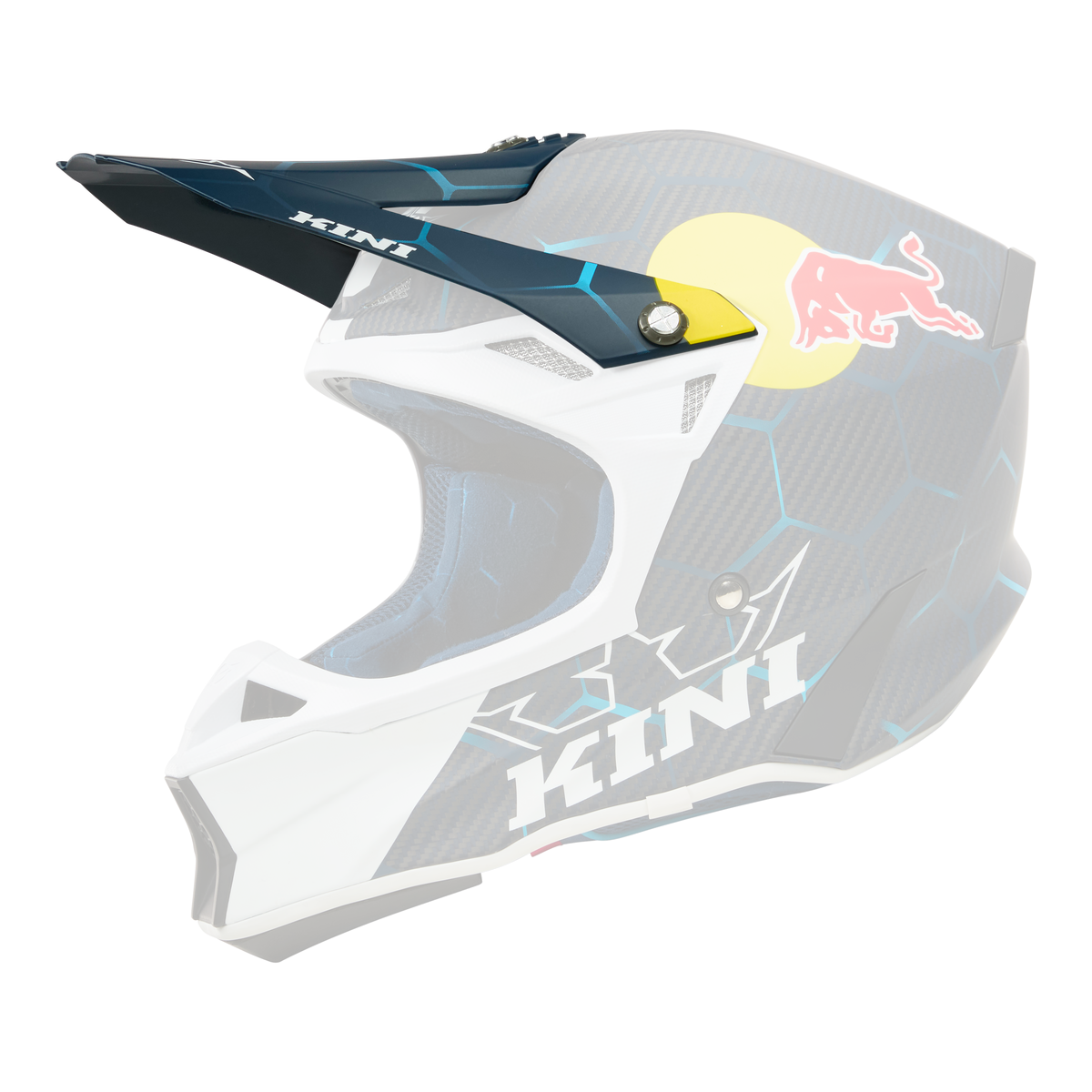 Der KINI RED BULL MXC2 Visor 2.0 ist ein schwarz-blauer Motocross-Helm mit Wabenmuster, weißem Kinnschutz, blauer Innenausstattung und auffälligen Kini Red Bull-Logos an der Seite.
