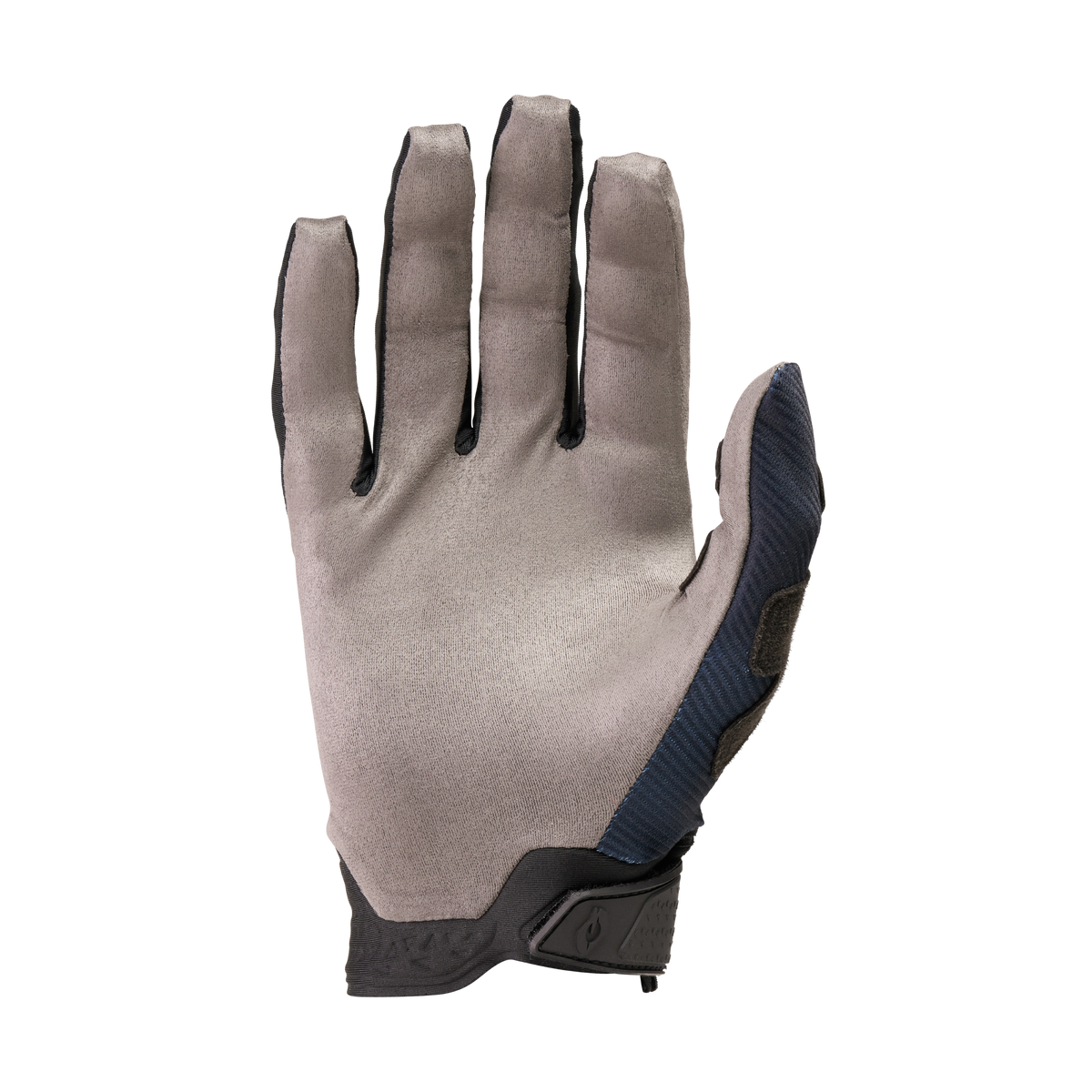 Der grau-schwarze Kini Red Bull MXC Handschuh 1.0 mit strukturierter Handfläche und verstärkten Bereichen wird mit der Handfläche nach oben vor einem einfarbigen Hintergrund präsentiert.