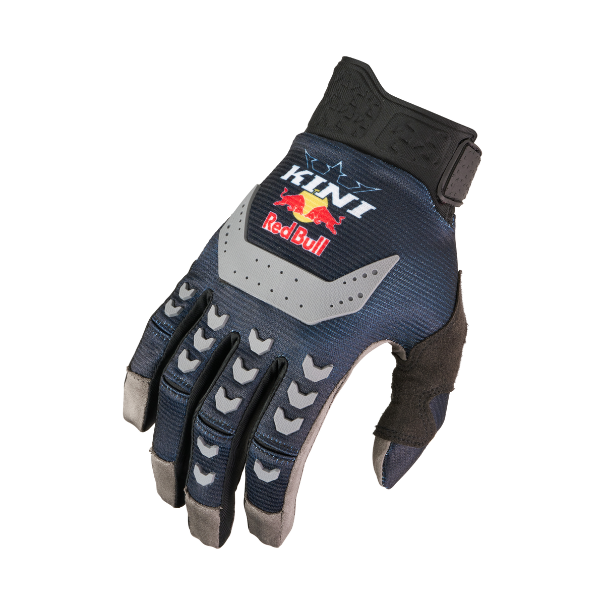 Der KINI RED BULL MXC Handschuh 1.0 von Kini Red Bull ist ein dunkelblauer und schwarzer Motocross-Handschuh mit grauen Akzenten, der mit dem Kini- und dem Red Bull-Logo für Schutz und Grip sorgt.