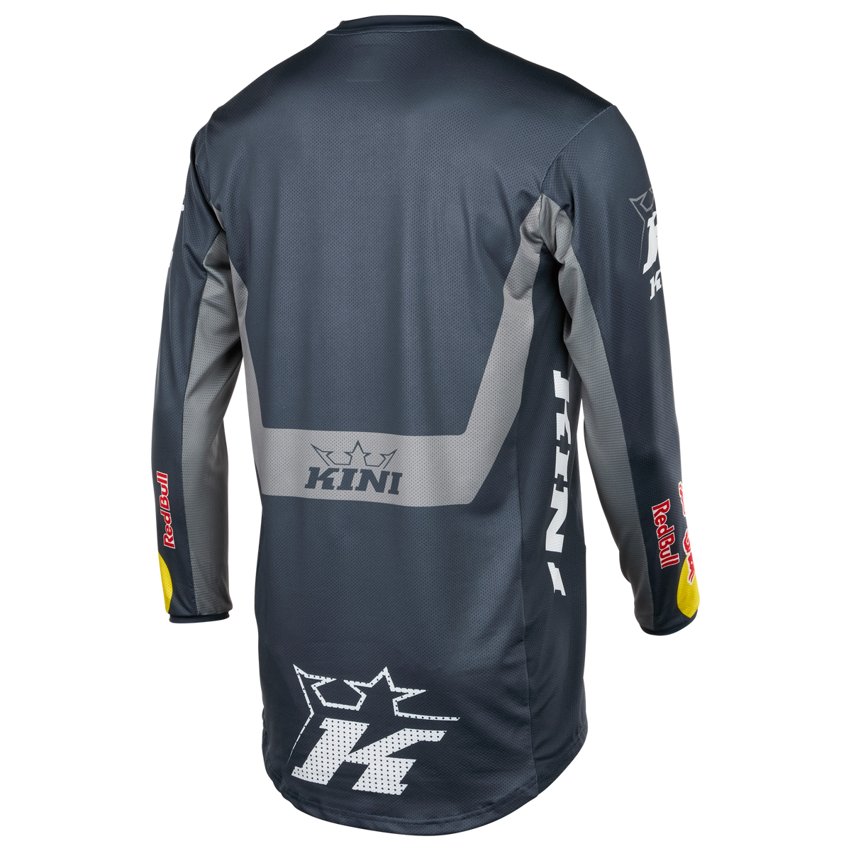 Das Kini Red Bull MXC Jersey 1.0 ist ein schwarzes und graues Langarmtrikot, das von hinten mit dem auffälligen "KINI RED BULL"-Schriftzug, dem Kronenlogo und den Red Bull-Logos auf den Ärmeln versehen ist - ideal für Motocross-Fans.