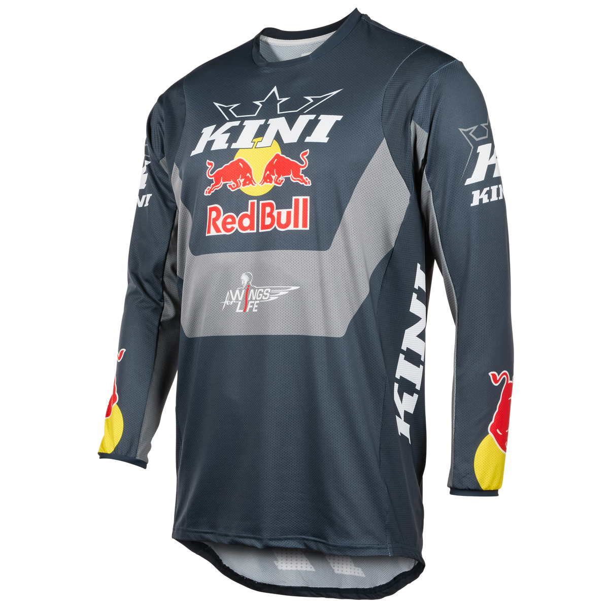 Das KINI RED BULL MXC Jersey 1.0 von Kini Red Bull ist ein dunkelgraues Langarmtrikot mit auffälligen Markenlogos, weißen Akzenten und auffälligen roten und gelben Red Bull-Logos auf den Ärmeln - ideal für dein nächstes Abenteuer.