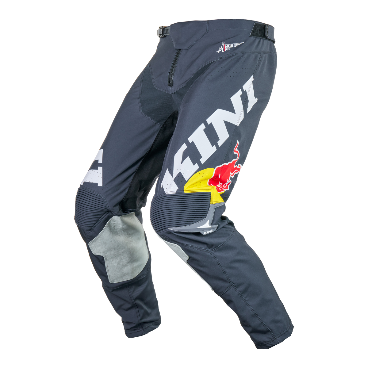 Die Kini Red Bull MXC Hose 1.0 Motocross-Hose verfügt über einen auffälligen weißen "KINI"-Schriftzug und ein Red Bull-Logo auf dem Oberschenkel sowie verstärkte Kniepartien und einen Bund mit Reißverschluss - perfekt für dein nächstes Offroad-Abenteuer.