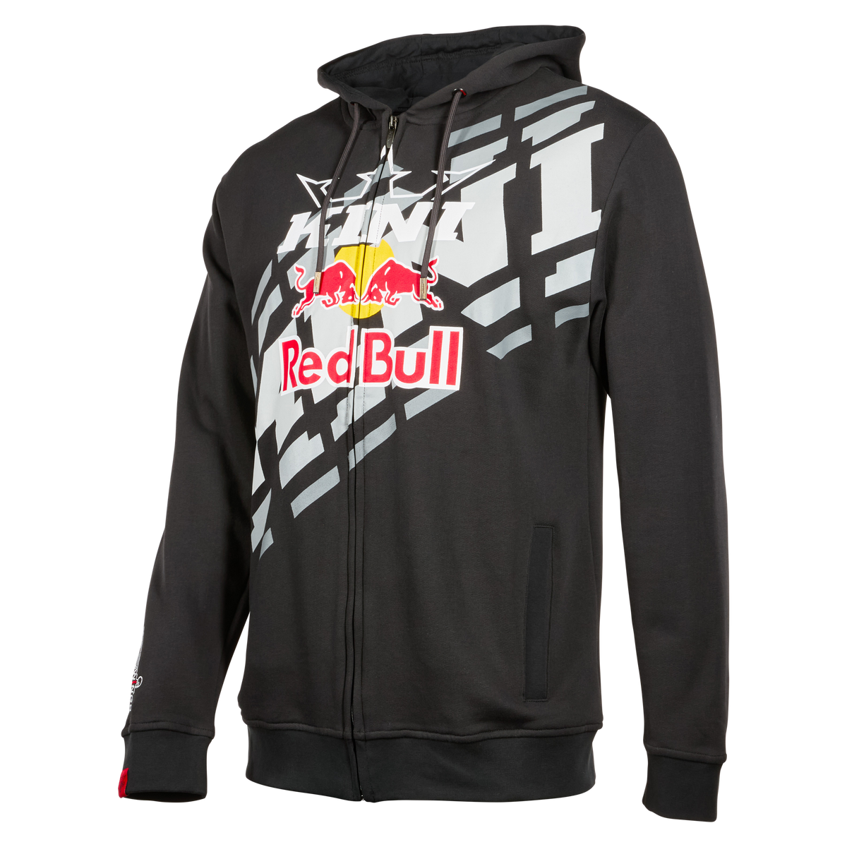 Der KINI RED BULL ST Zip Hoodie 1.0 von Kini Red Bull ist ein schwarzer Herren-Kapuzenpullover mit Reißverschluss, weißer, grauer und roter Grafik, dem Red Bull-Logo mit zwei roten Stieren und gelber Sonne, dem Schriftzug "RACING" darüber, den Vordertaschen, der Kapuze und dem Wings for Life-Branding.