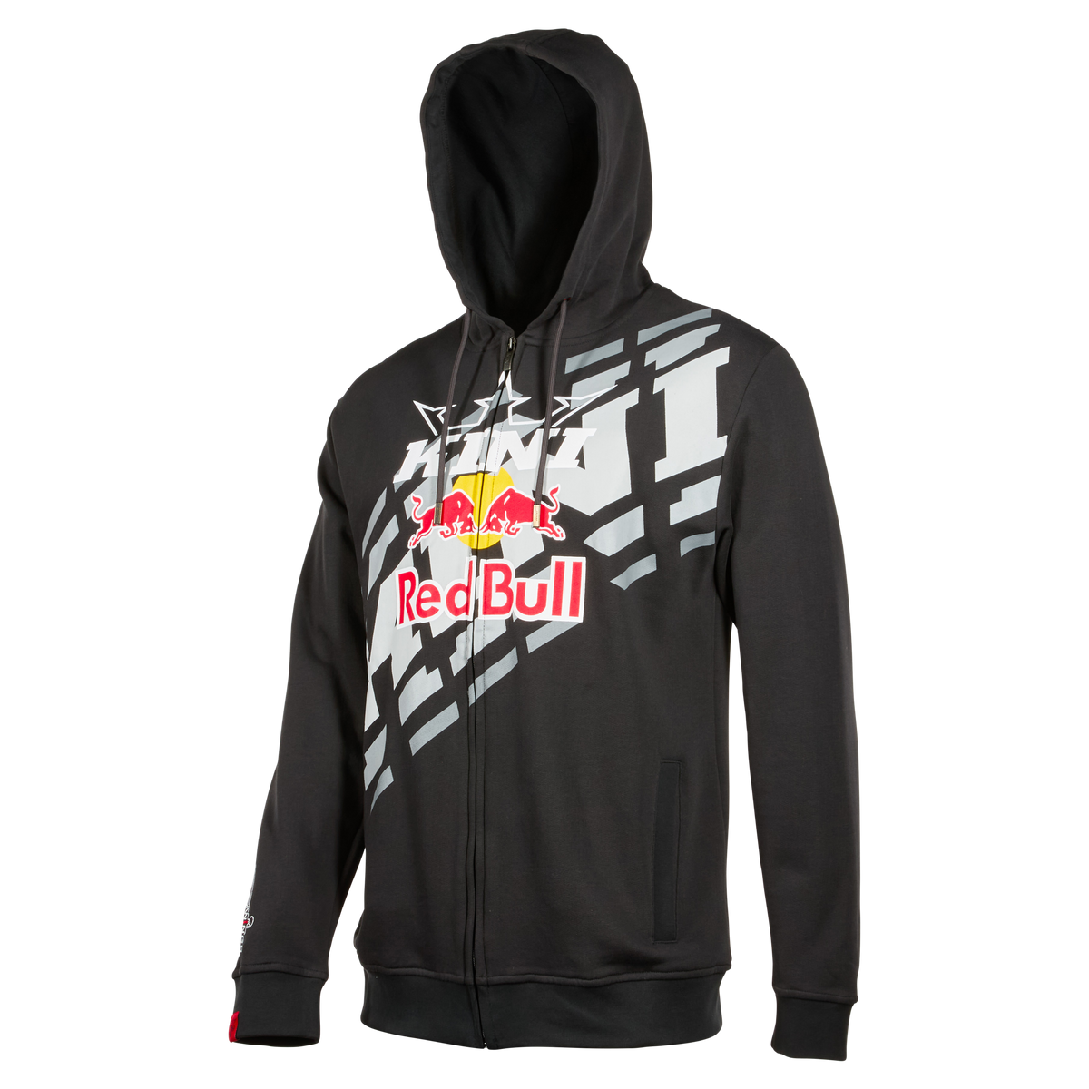 Der KINI RED BULL ST Zip Hoodie 1.0 von Kini Red Bull ist ein schwarzer Kapuzenpullover mit Reißverschluss, auffälligen weißen und grauen geometrischen Mustern und einem markanten Red Bull Logo auf der Vorderseite. Teil der Kollektion zur Unterstützung von Wings for Life.