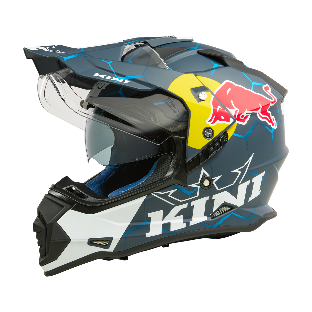 Ein blau-weißer Kini Red Bull ADV Helm 1.0 Motocross-Helm mit klarem Visier, Bluetooth-Vorbereitung und Red Bull/Kini-Branding ist in der Seitenansicht auf einem einfarbigen Hintergrund abgebildet.