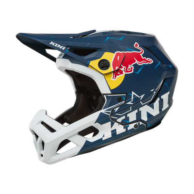 Der KINI RED BULL EC Helm 1.0 von Kini Red Bull ist ein blau-weißer Integralhelm mit dem Red Bull-Logo und dem auffälligen "KINI"-Branding, inspiriert vom EC-Design.