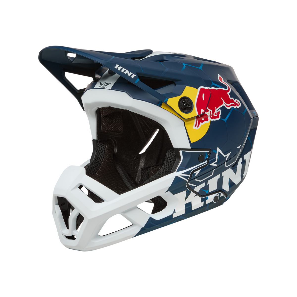 Der KINI RED BULL EC Helm 1.0 von Kini Red Bull besticht durch sein blau-weißes Design mit Visier, Mesh-Gesichtsschutz und einem auffälligen Red Bull-Logo - perfekt für Motocross-Enthusiasten, die auffälligen Stil und Schutz suchen.