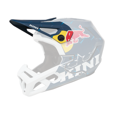 Der KINI RED BULL EC Visor 1.0 von Kini Red Bull ist ein blau-weißer Vollvisier-Motocross-Helm mit geometrischen Mustern, einem gelben Kreis und einer roten Bullengrafik an der Seite sowie prominenten Logos von KINI und Red Bull.