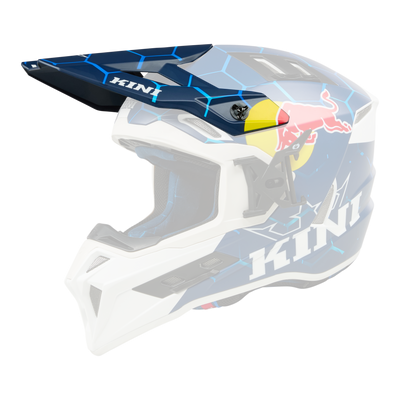 Der KINI RED BULL EXC Visor 1.0 von Kini Red Bull ist ein blau-weißer Motocross-Helm mit sechseckigen Mustern, einem Visier, einem Kinnschutz und dem Red Bull-Logo sowie "KINI" an der Seite.