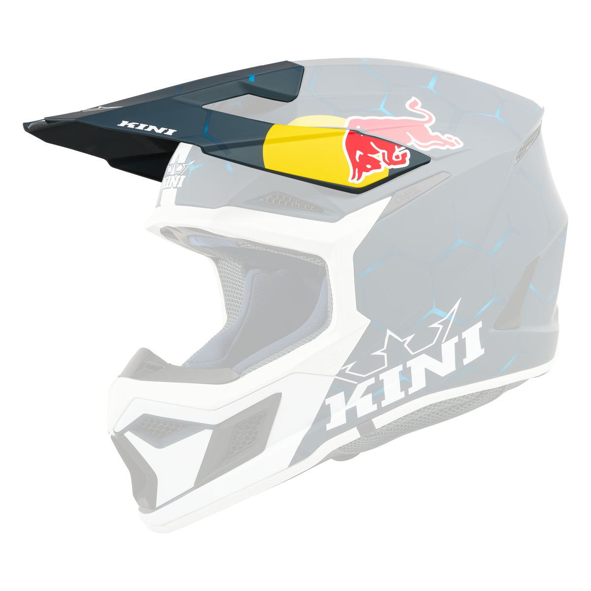 Der KINI RED BULL MX3 Visor Kinder 1.0 von Kini Red Bull ist ein dunkelblauer Motocross-Helm mit einem sechseckigen Muster, weißen Akzenten, einem großen "KINI"-Logo, einem Red Bull-Logo an der Seite, einem Visier und einem Vollgesichtsschutz.