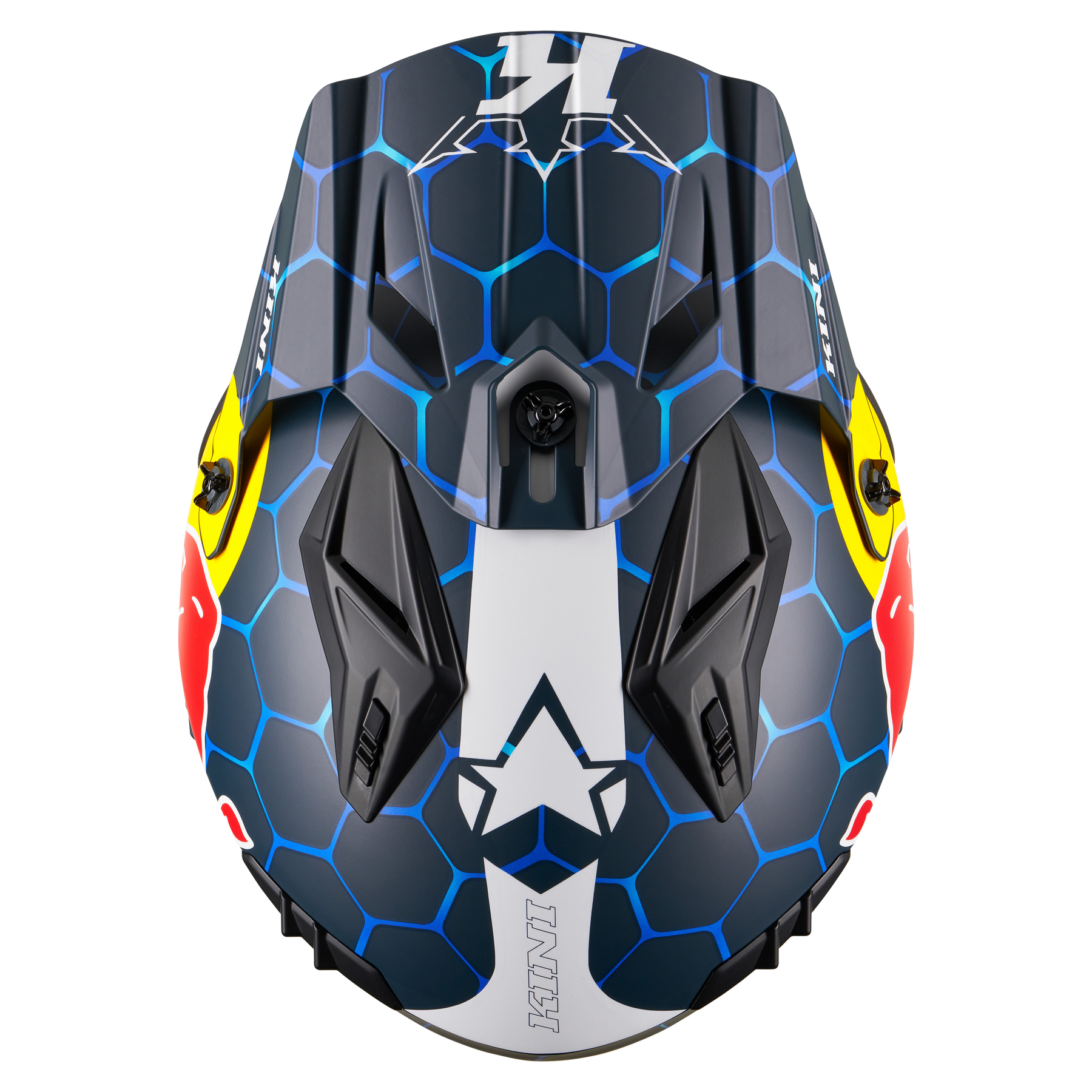 Die Draufsicht auf den Mission Kini KINI RED BULL XDR 1.0 Helm zeigt ein blaues Sechseckmuster, kräftige schwarze und weiße Abschnitte, gelb-rote augenähnliche Grafiken auf jeder Seite, einen Stern in der Mitte und ein Branding auf der Vorderseite.